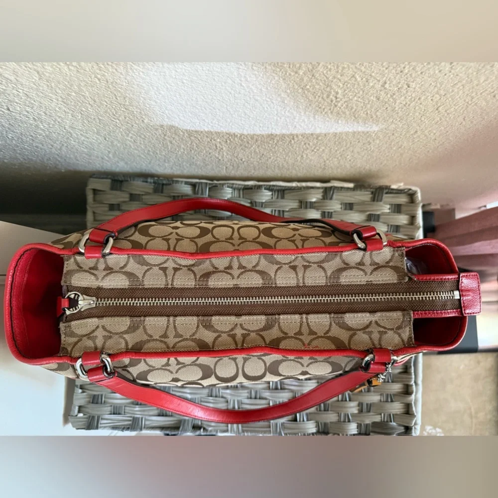 Coach Signature Canvas Tote w/ Red Coral Leather Trim – F23297 - Picture 4 of 16